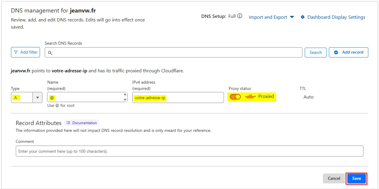 Ajout entrée DNS Cloudflare