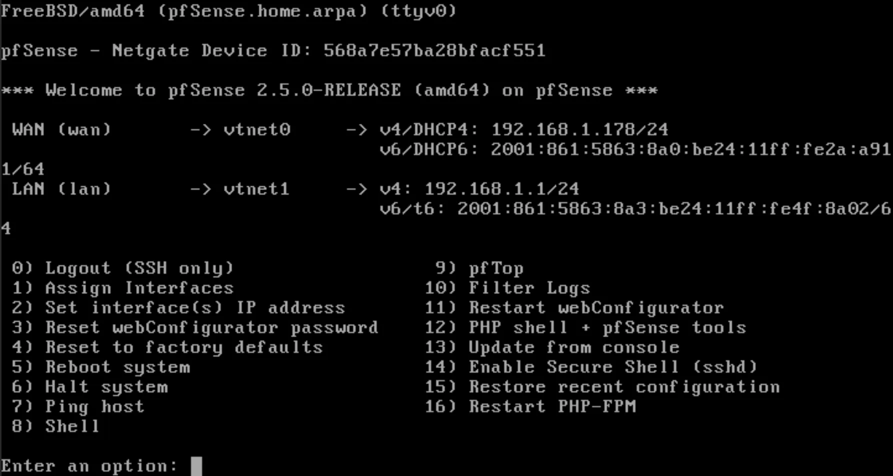 Configuration de PfSense via le terminal 1