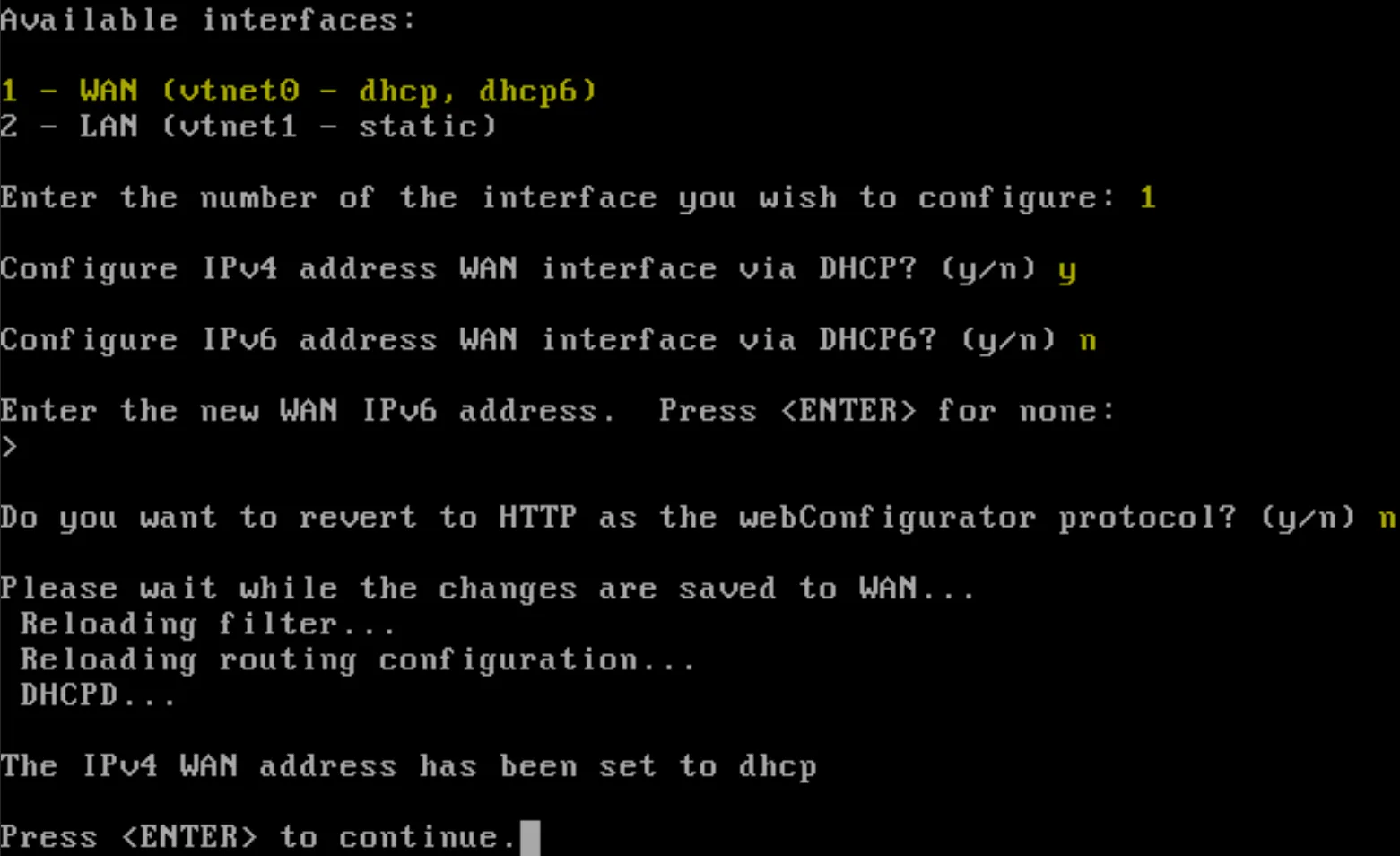 Configuration de PfSense via le terminal 2