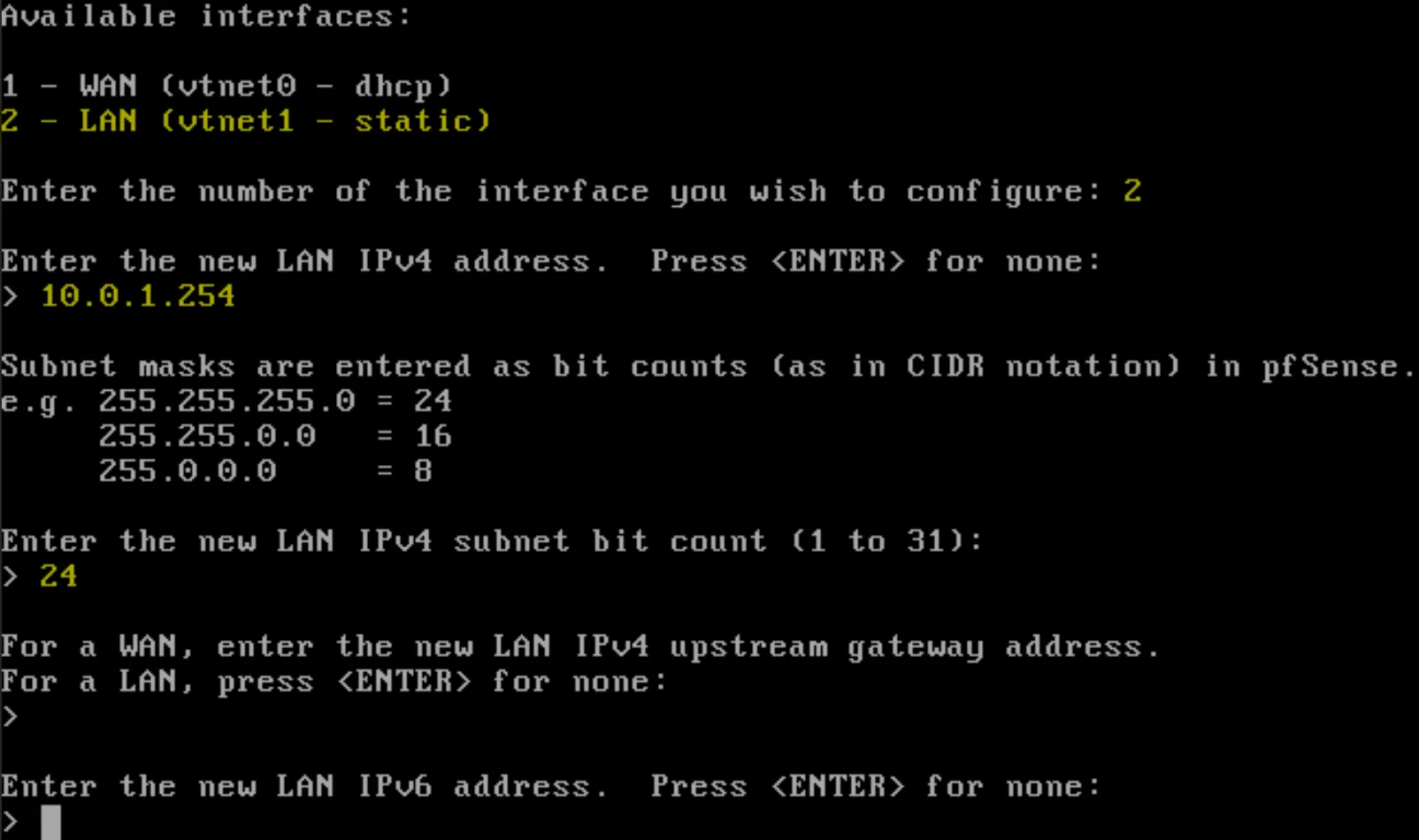 Configuration de PfSense via le terminal 3