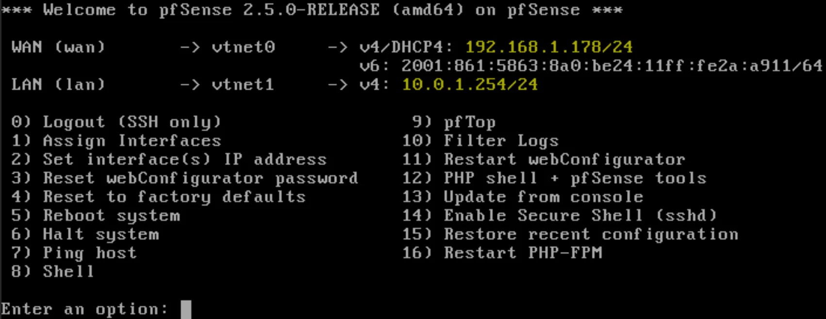 Configuration de PfSense via le terminal 5
