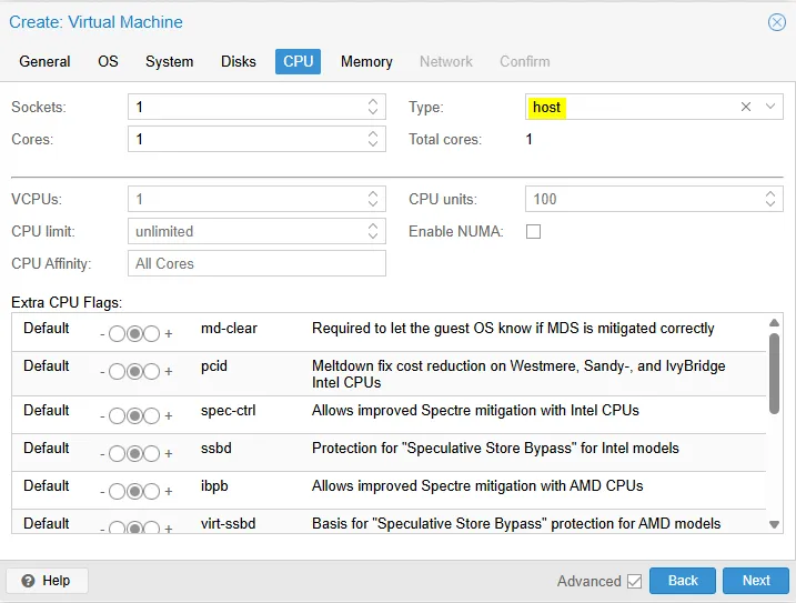 Création d'une VM sur Proxmox - CPU