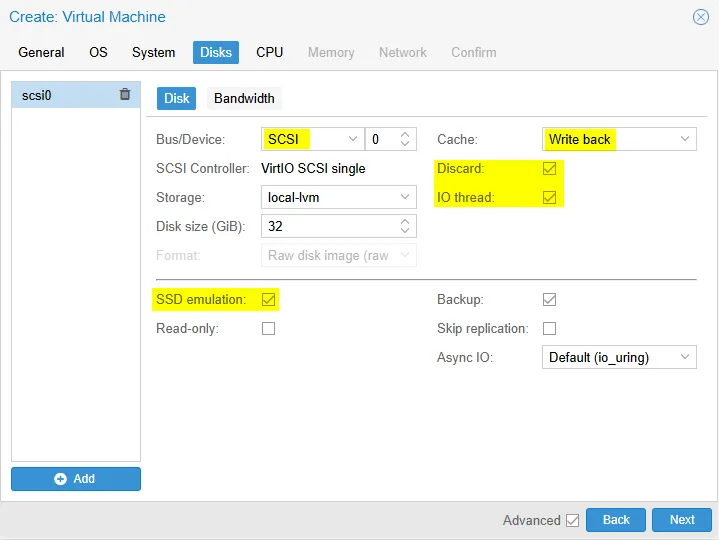 Création d'une VM sur Proxmox - Disks