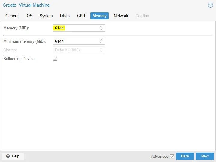 Création d'une VM sur Proxmox - Memory