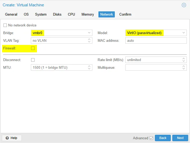 Création d'une VM sur Proxmox - Network