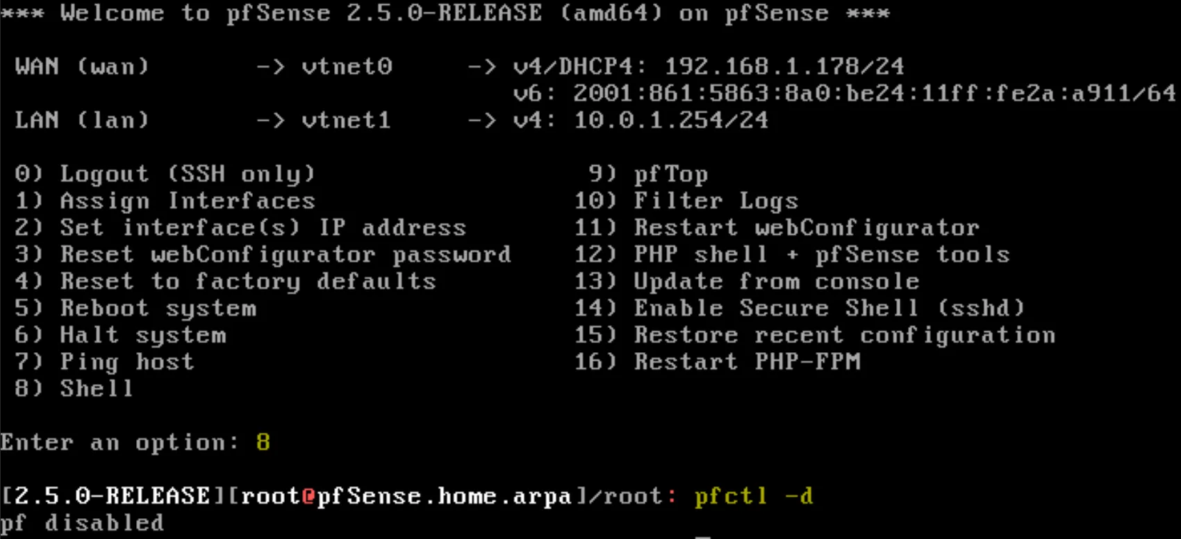 Désactivation du firewall de PfSense
