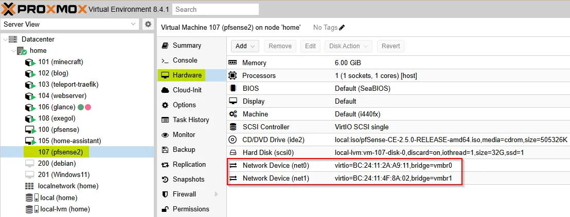 Informations sur les cartes réseaux de la VM