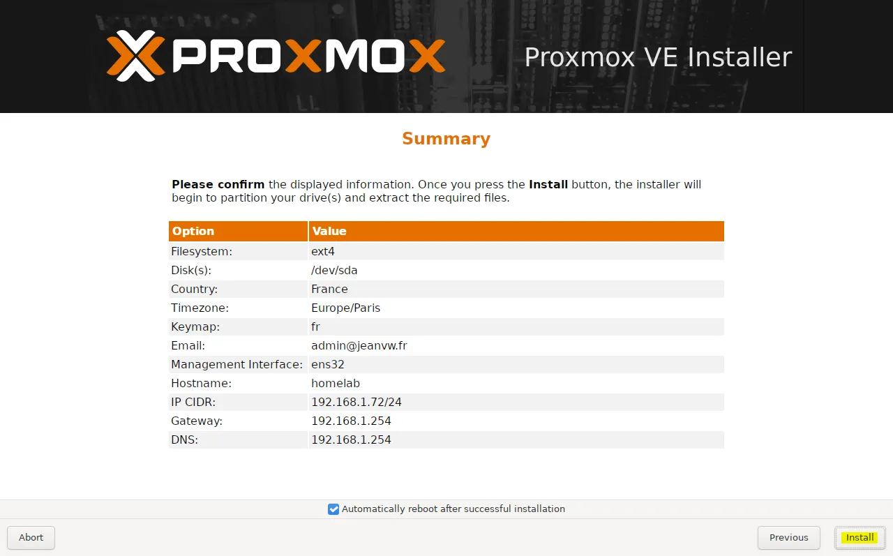 Installation Proxmox étape 7