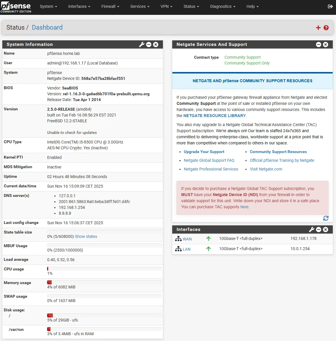 PfSense web dashboard
